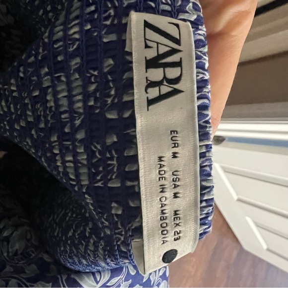 3/$30 🍂Zara Women Blue Floral A-Line Mini Dress Short Puff Sleeve Tassels Tiered - Picture 9 of 10